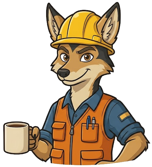 Jack, the Your Journeyman mascot — a coyote in a hard hat and orange safety vest holding a mug of coffee