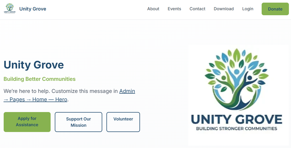 Unity Grove, a non-profit website built with the CMS — hero section with Apply for Assistance, Support Our Mission and Volunteer buttons